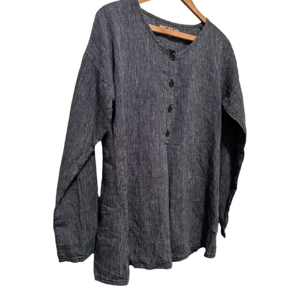 Flax Women’s Tunic Button Top Blouse Shirt Size P 100% Linen Navy Blue Lagenlook